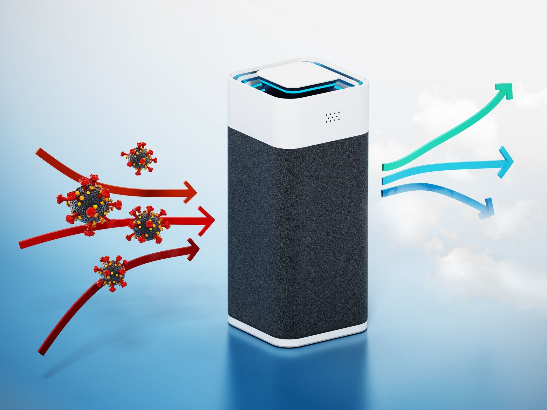 A 3d rendering of a air purifier with viruses coming out of it.