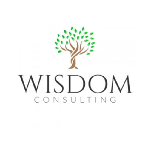 the logo for wisdom consulting has a tree with green leaves on it .