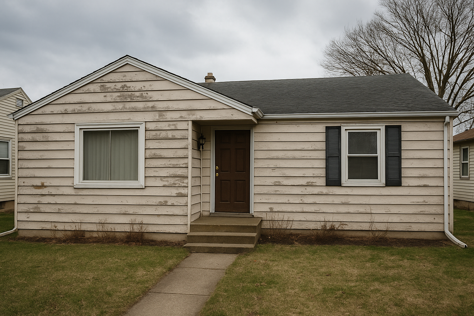 Dubuque Iowa home in need of new siding, showing weathered and discolored exterior.