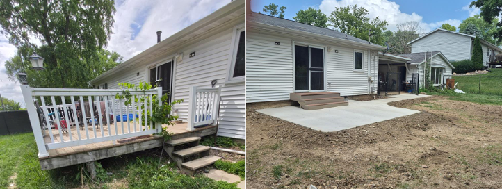 Old wooden deck removed and replaced with a custom patio and entry steps by AMC Homes