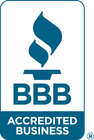 BBB Accredited Business logo with blue flame and text on white background