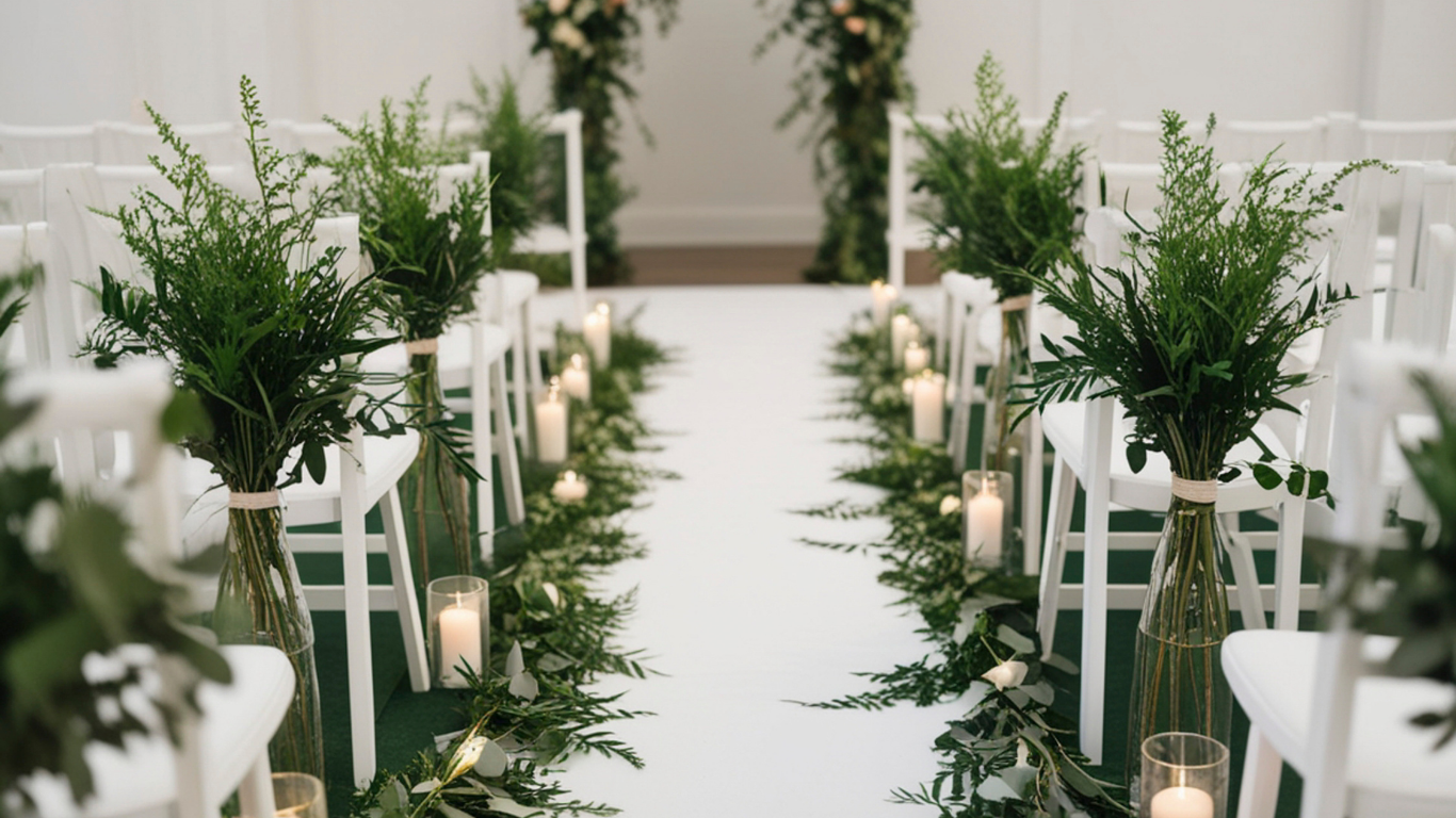 Wedding aisle with white chairs, greenery, candles, and an arch.