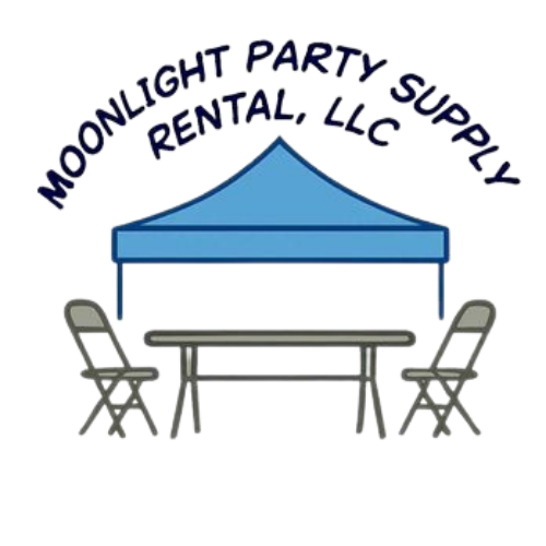 Logo for Moonlight Party Supply, showing a blue tent, table, two chairs, and text.