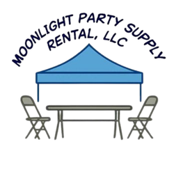 Logo for Moonlight Party Supply, showing a blue tent, table, two chairs, and text.