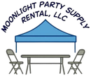 Logo for Moonlight Party Supply Rental, LLC, featuring a blue tent, table, and two folding chairs.