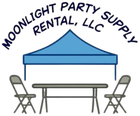 Logo for Moonlight Party Supply Rental, LLC, featuring a blue tent, table, and two folding chairs.