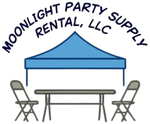 Logo for Moonlight Party Supply Rental, LLC, featuring a blue tent, table, and two folding chairs.