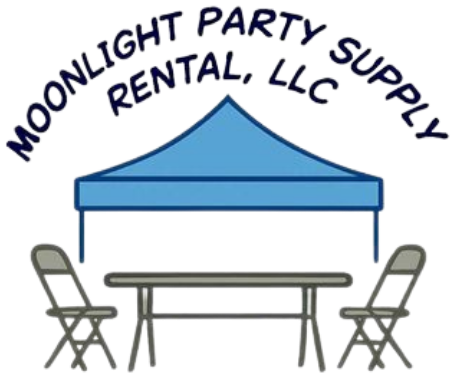 Logo for Moonlight Party Supply Rental, LLC, featuring a blue tent, table, and two folding chairs.