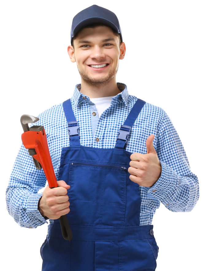A smiling worker in a blue plaid shirt and overalls holds a large red pipe wrench, giving a thumbs up.