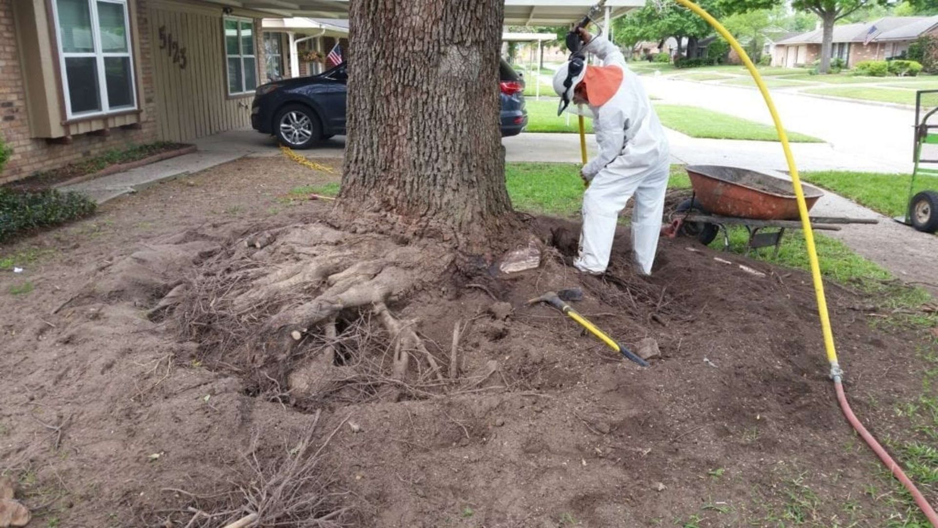 Person in protective suit working on tree roots with tools outside a house.