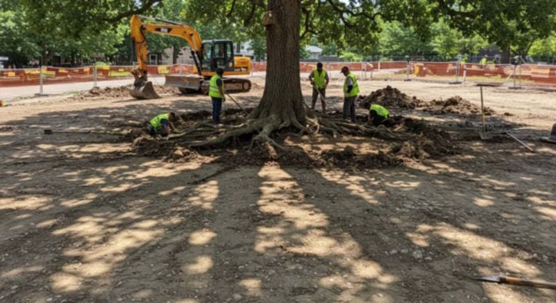 Construction workers near a tree, excavating around its exposed roots. An excavator is in the background.