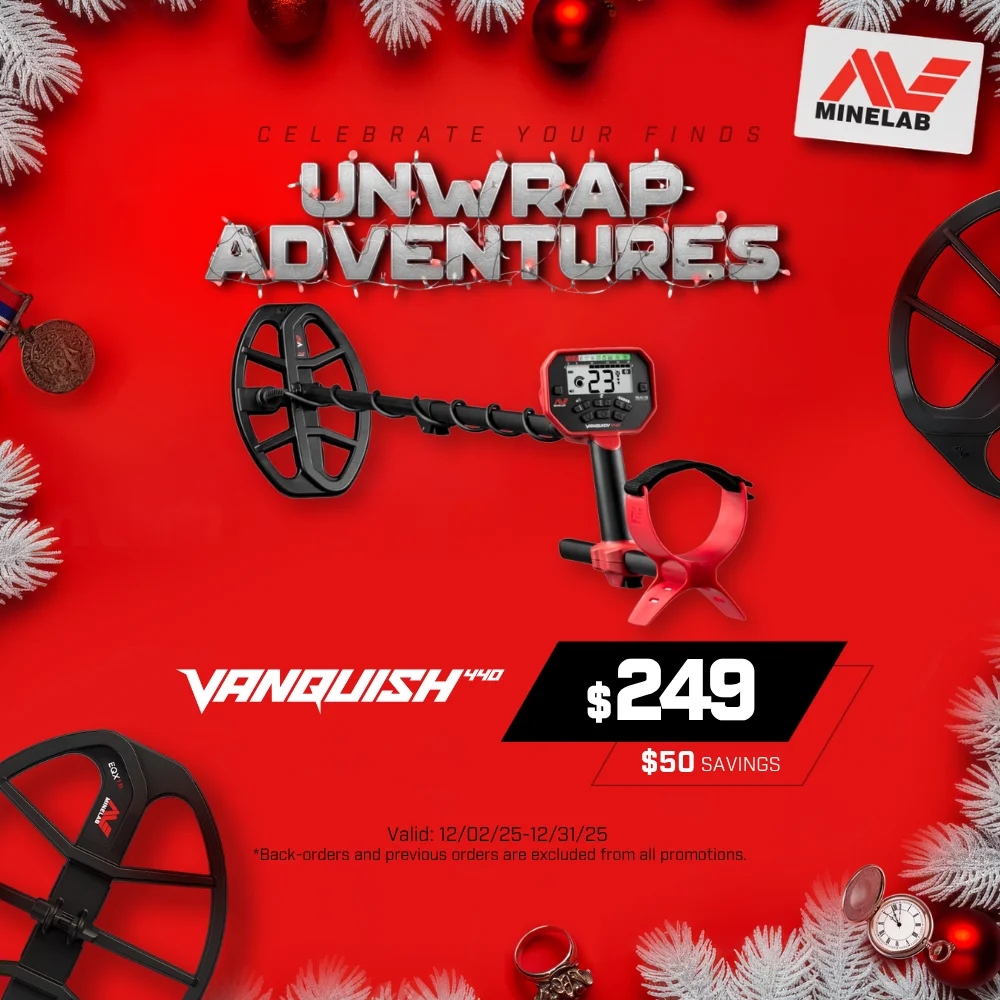 Red ad for Minelab Vanquish metal detector. Features the detector, sale price $249, Christmas decorations.