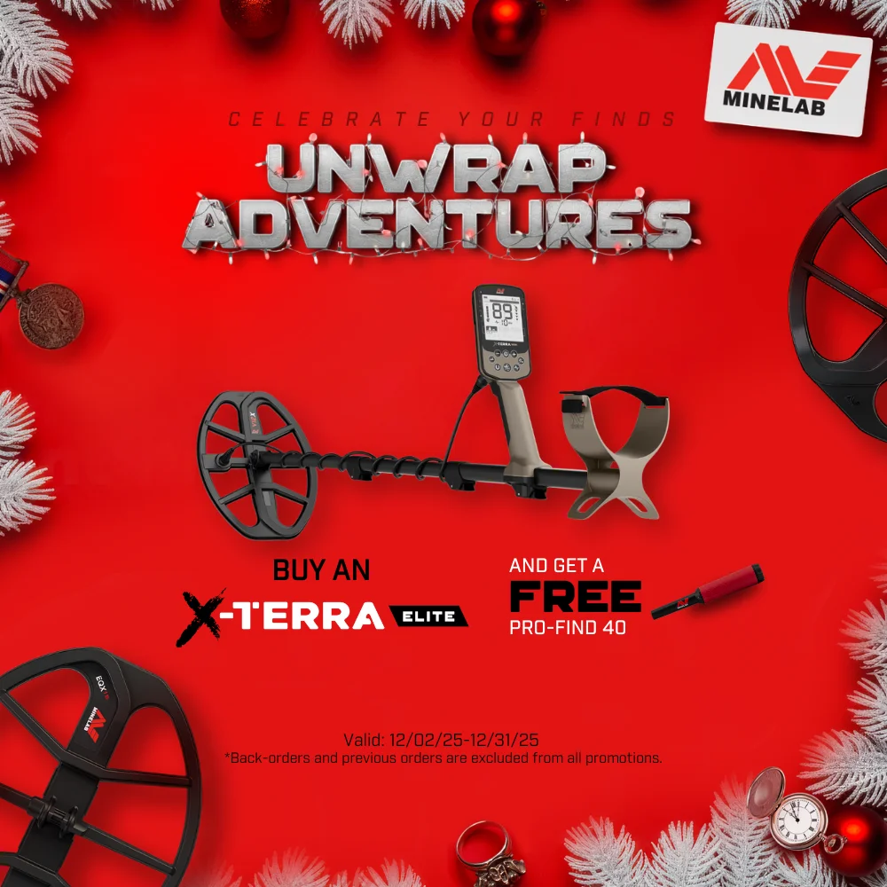 Red holiday ad for Minelab metal detectors. 
