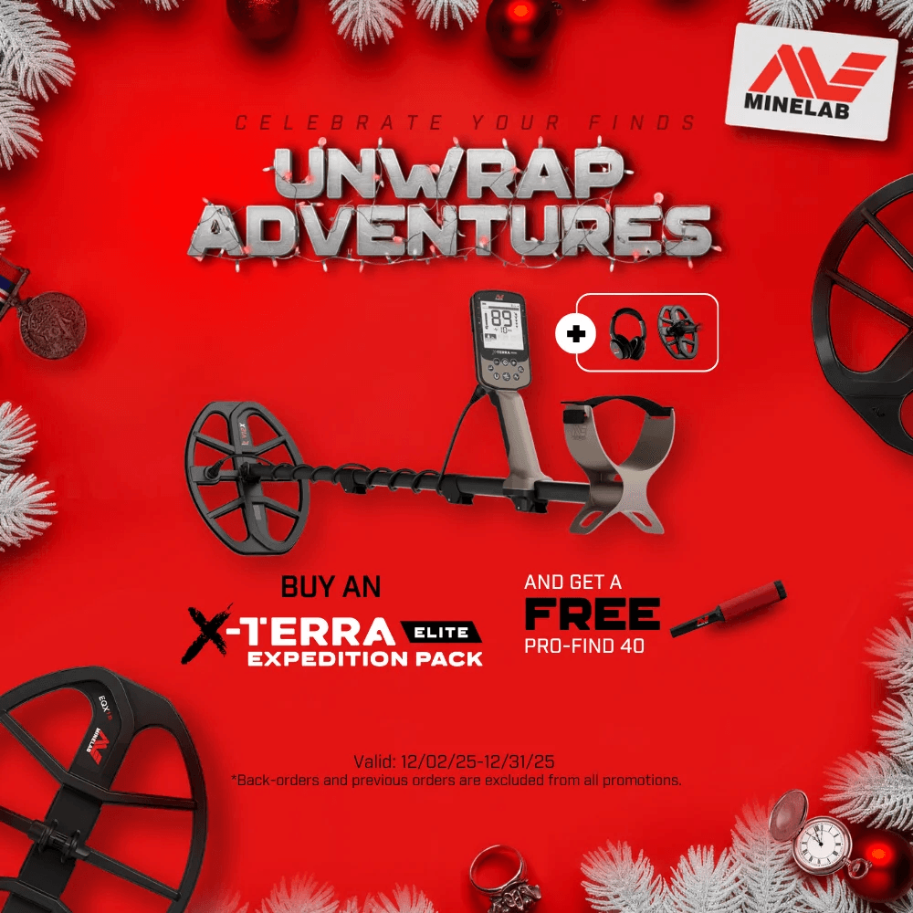 Red holiday ad: Buy Minelab X-TERRA Elite Expedition Pack and get a free Pro-Find 40 pinpointer.