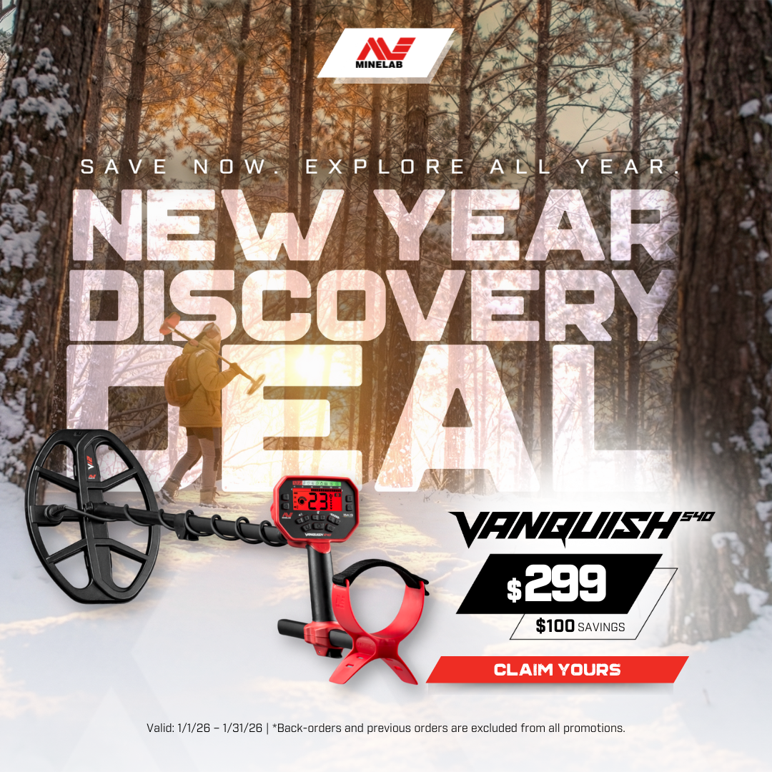 Advertisement for a Minelab Vanquish metal detector. A person explores a snowy forest. Text: 