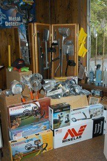 A room filled with lots of boxes of metal detectors.