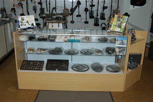 A display case with a lot of items on it