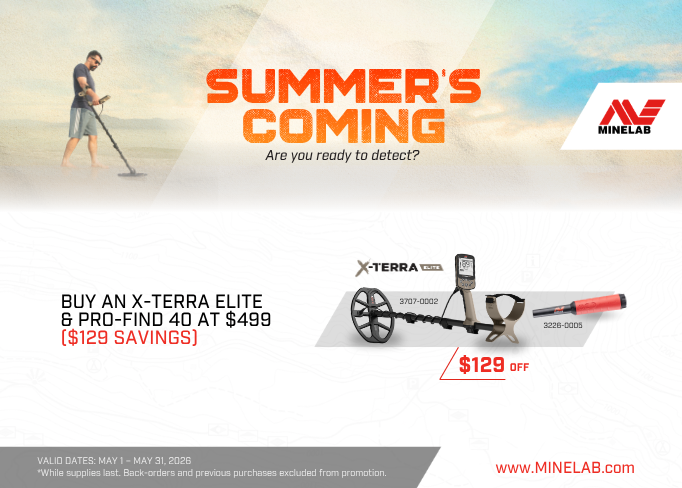 Summer sale ad for Minelab X-Terra Elite metal detector, with price and product image.
