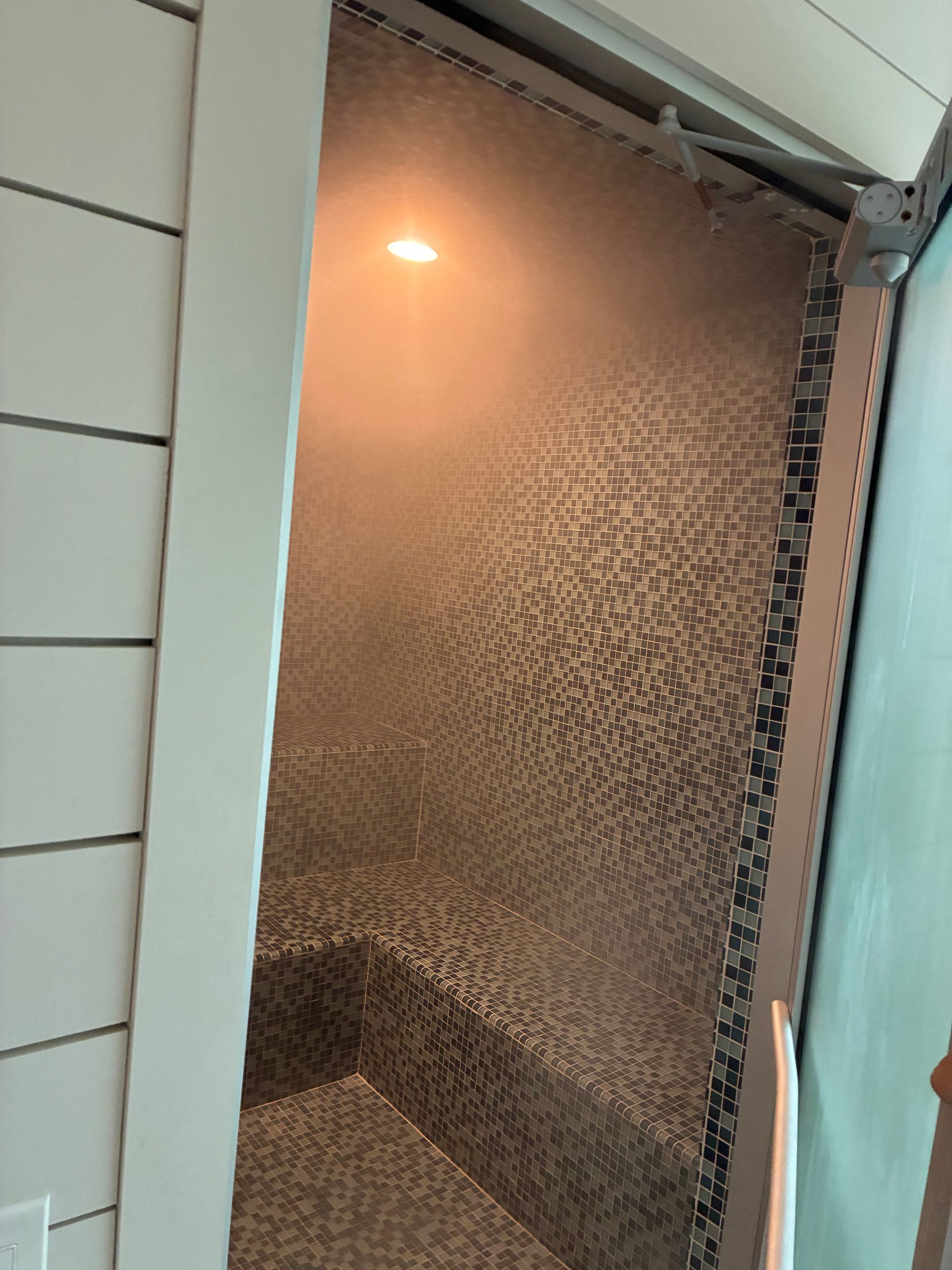 Steam-filled, mosaic-tiled steam shower with a warm overhead light. White trim and door.