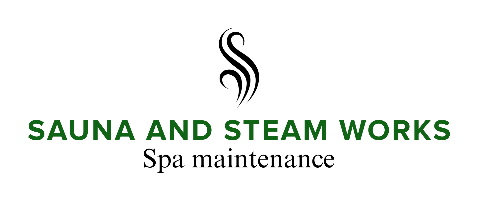 Logo for Sauna and Steam Works: green text, black steam graphic, spa maintenance text.