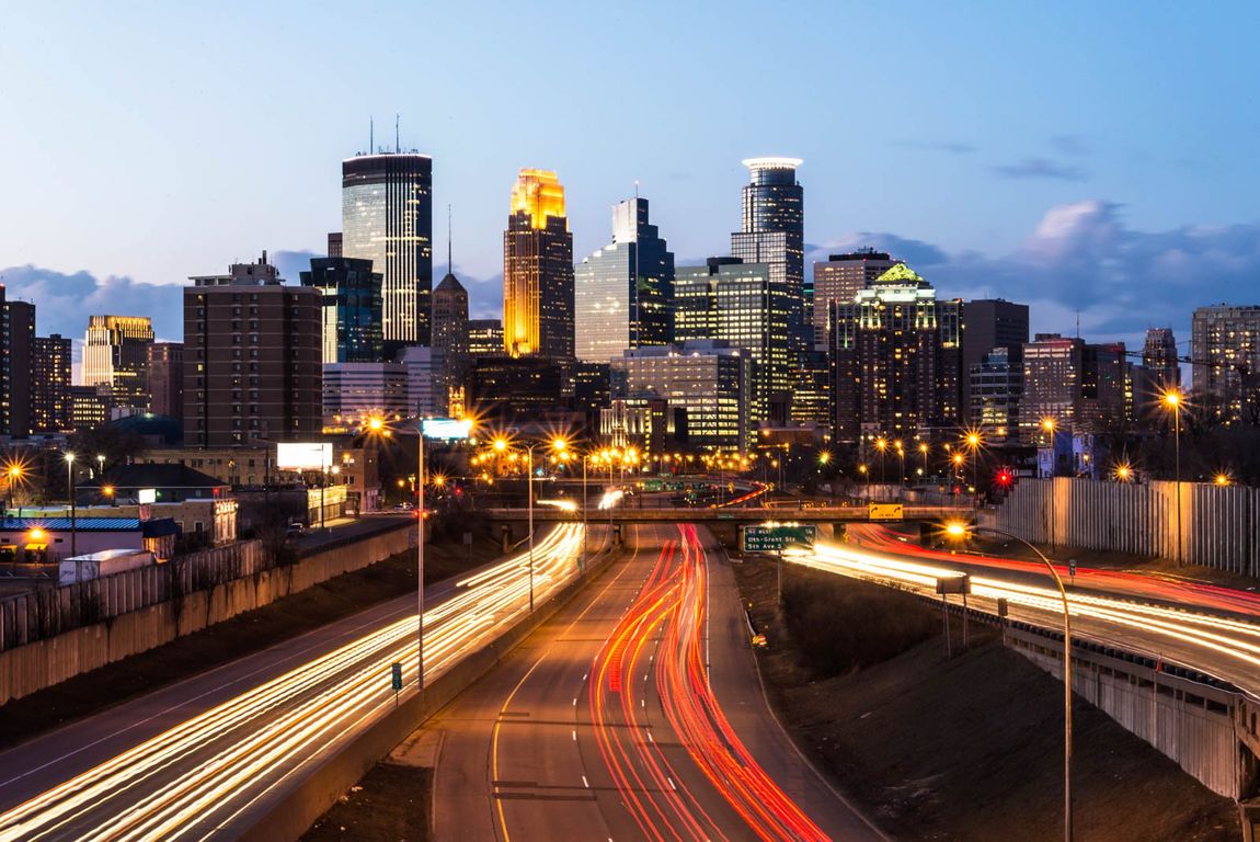 Minneapolis Skyline with Car Light Trails