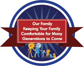 Mount Laurel Heating and Cooling motto with cartoon HVAC family