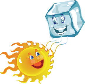 Cartoon sun and ice cube dancing around one another