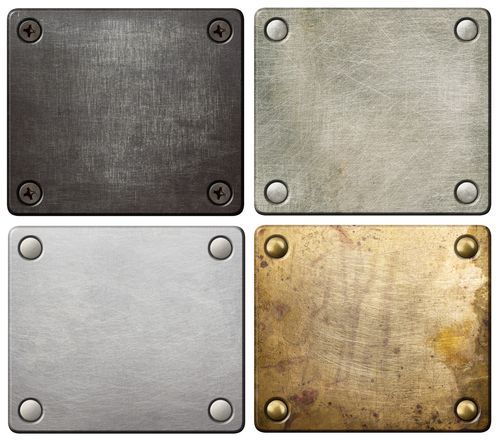 a set of four different metal plates with screws on a white background .