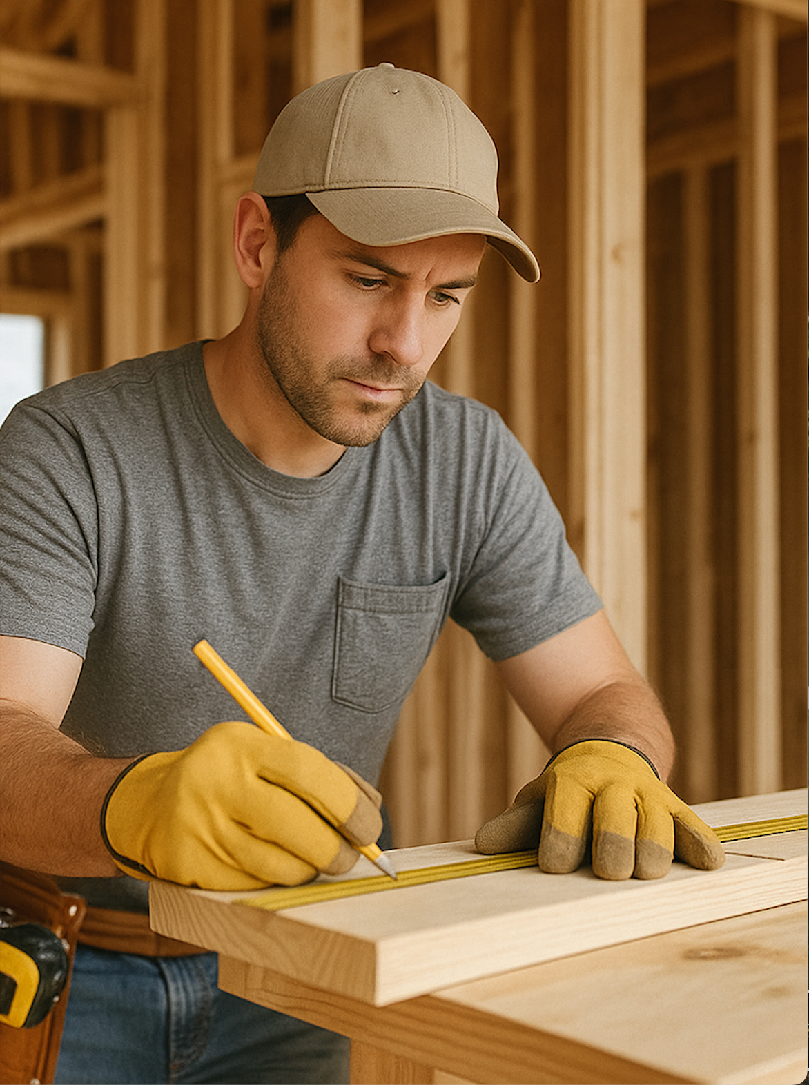 A man is measuring a piece of wood with a tape measure.