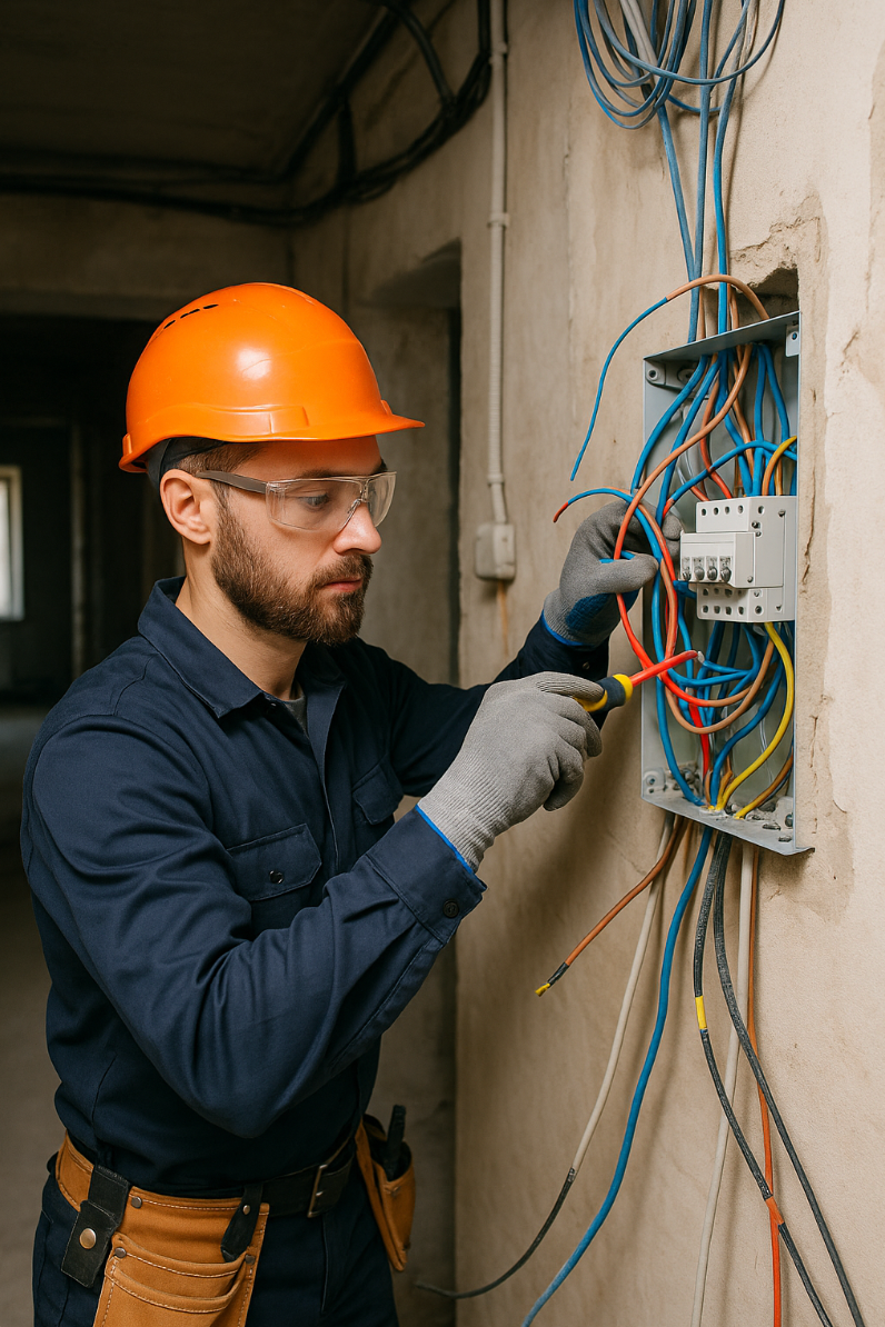 A man wearing a hard hat and safety glasses is working on an electrical box.