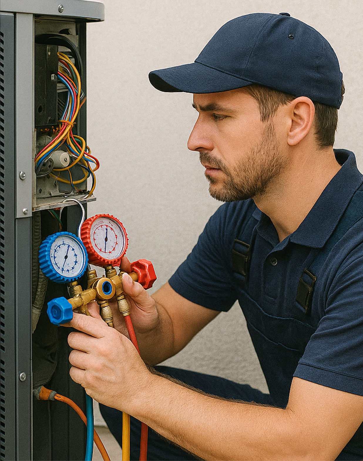 A man in a baseball cap is working on an air conditioner.
