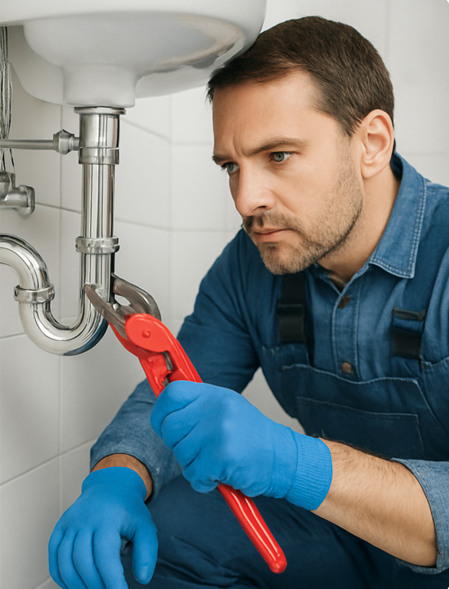A plumber is fixing a sink pipe with a wrench.