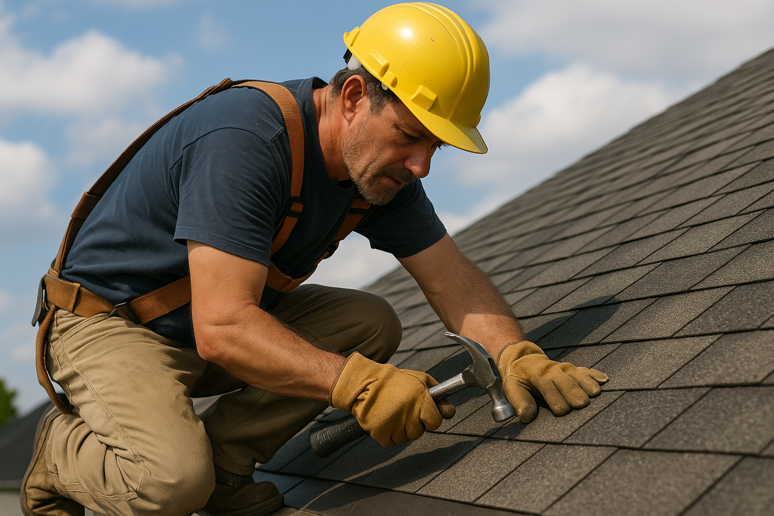A man wearing a hard hat is working on a roof.