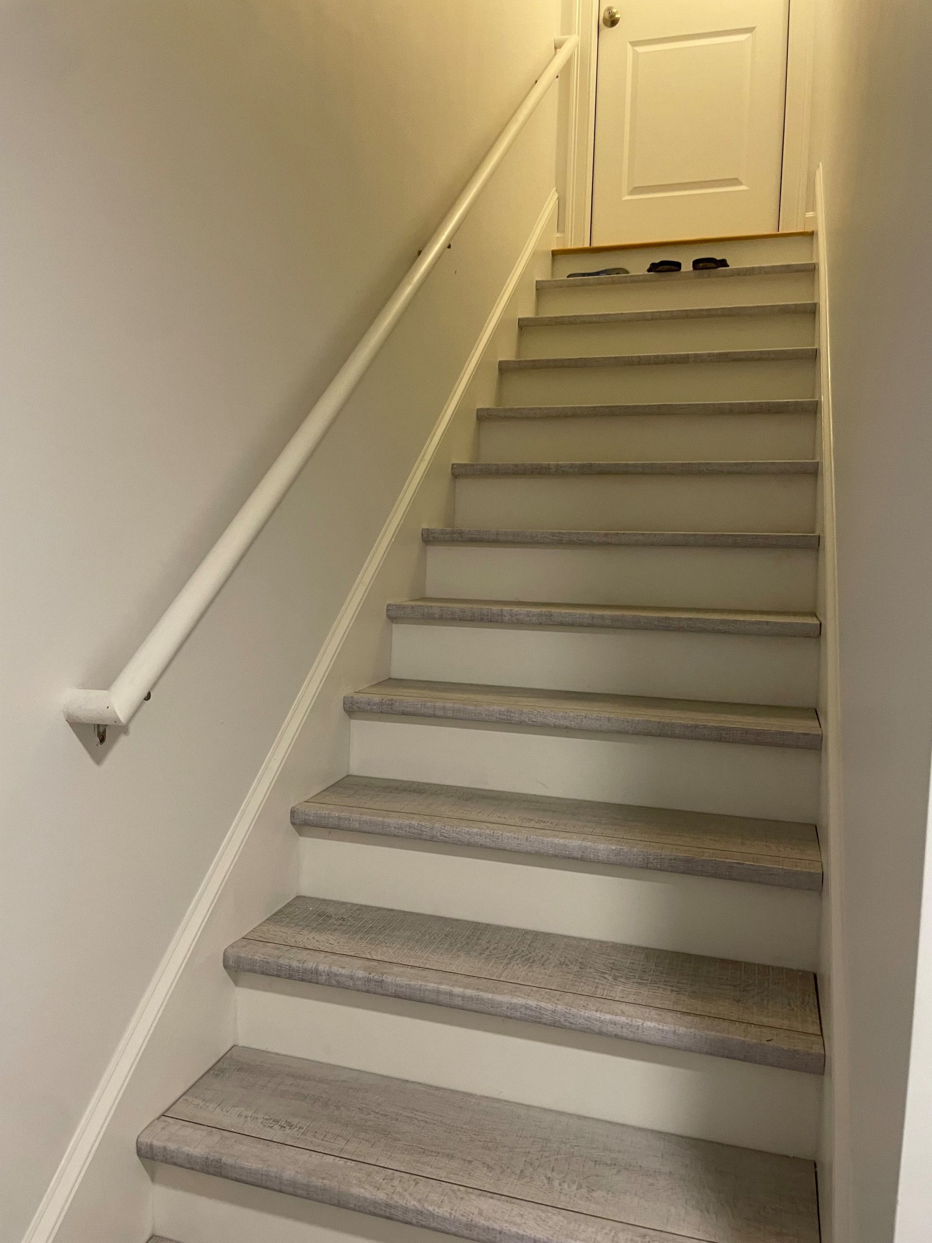 Staircase with carpeted steps, white walls, and a handrail leading to a closed door.