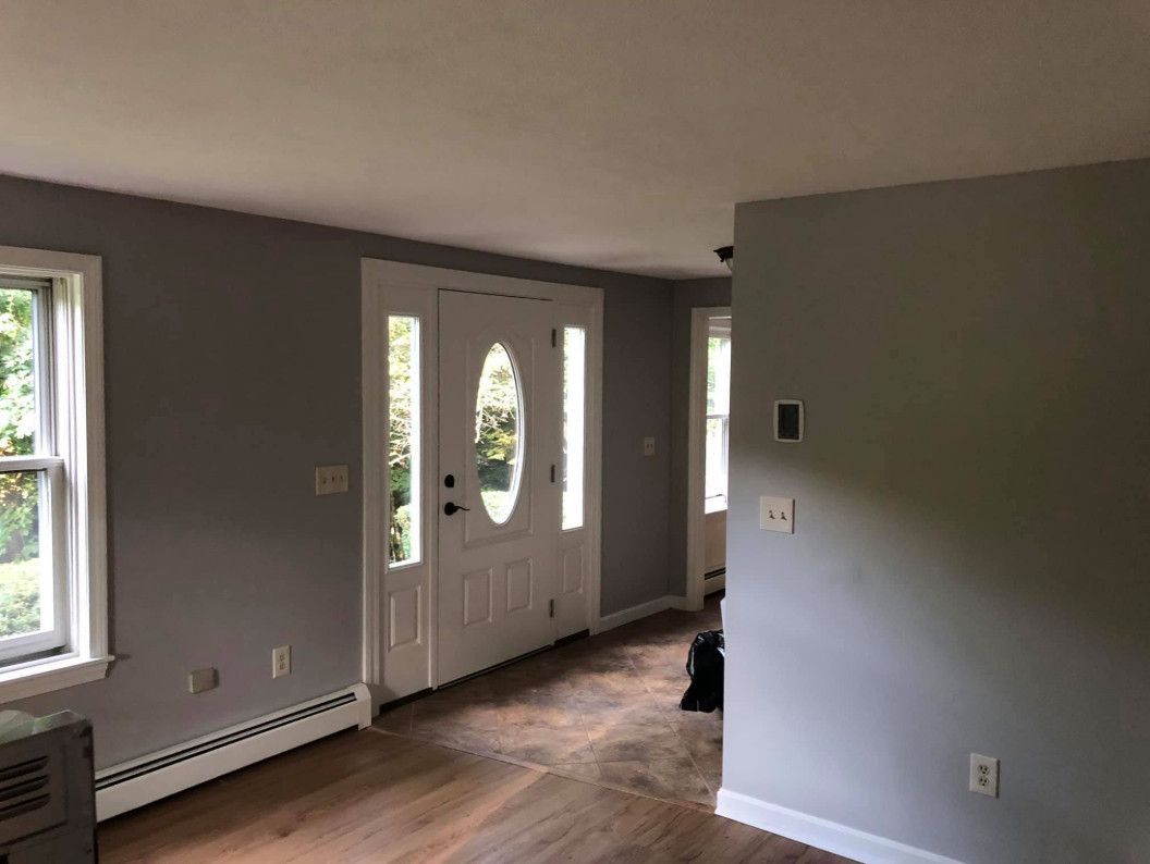 Entryway with gray walls, white front door, and wood flooring.