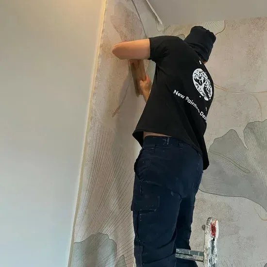 Persona su una scala che tappezza una parete.