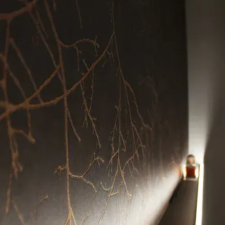 Parete scura con motivo a ramificazioni dorate; la luce proveniente dal lato destro illumina la parete.