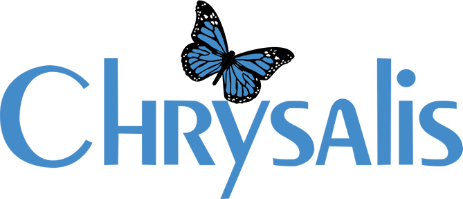 A blue chrysalis logo with a blue butterfly on it