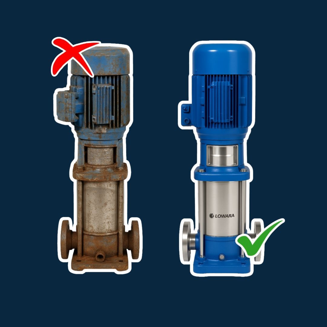 Photo of damaged submersible pump next to a new replacement, showing impact of long-term leak