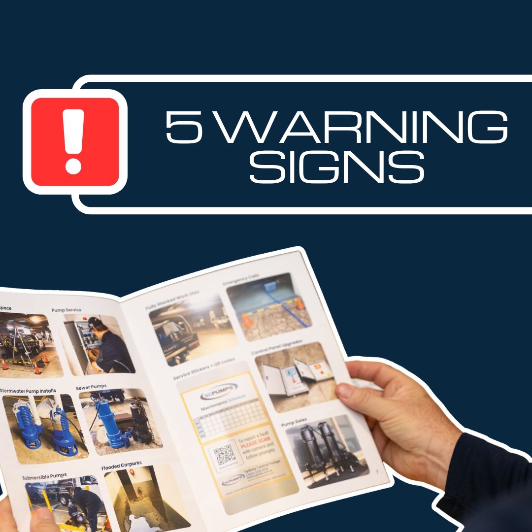 Infographic listing 5 early warning signs of a failing water pump, including noise, leaks, pressure 