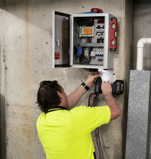 Licensed electrician wiring a pump control panel, Sydney