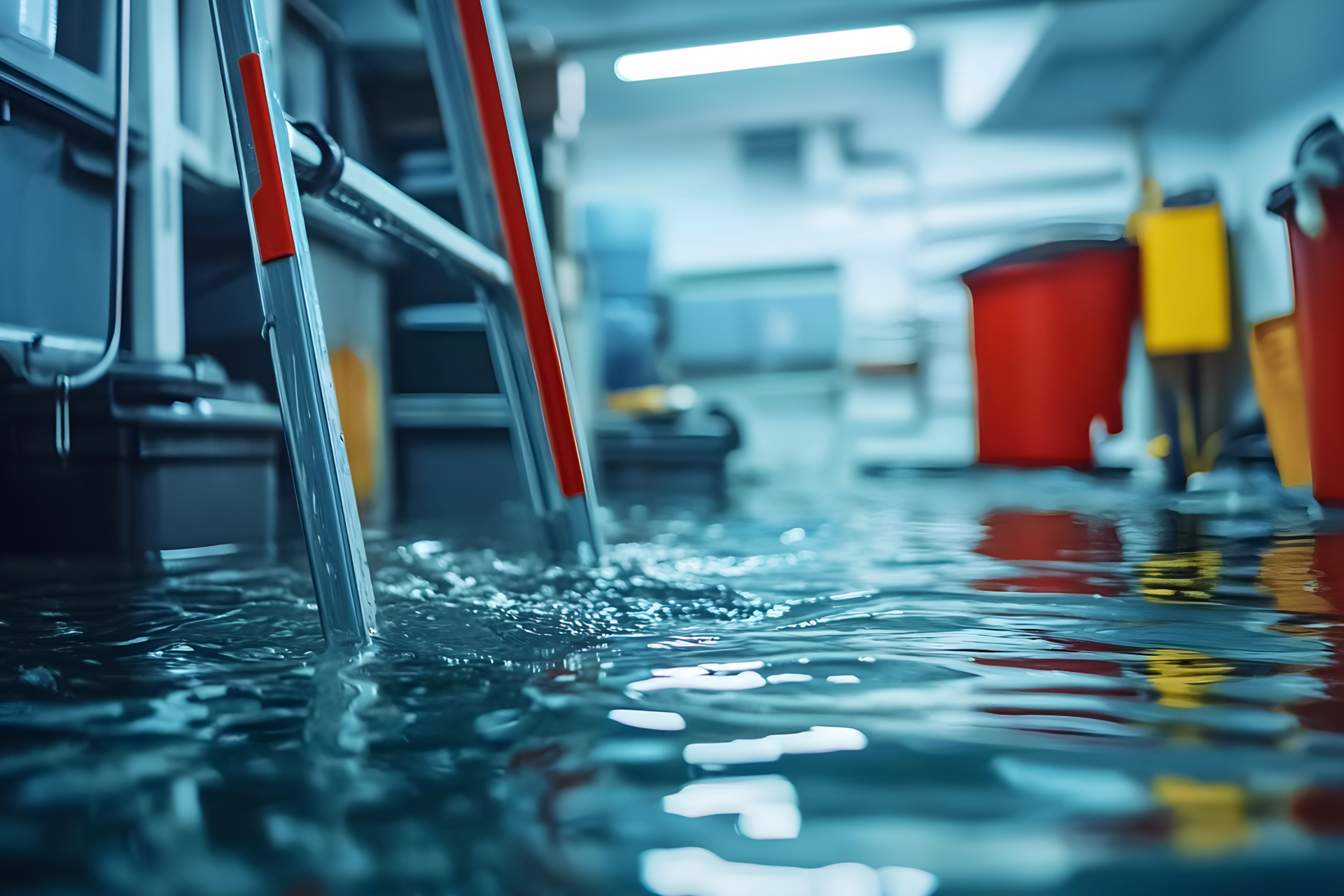 Flooded basement with ladder and red buckets. Water covers floor; dim blue lighting.