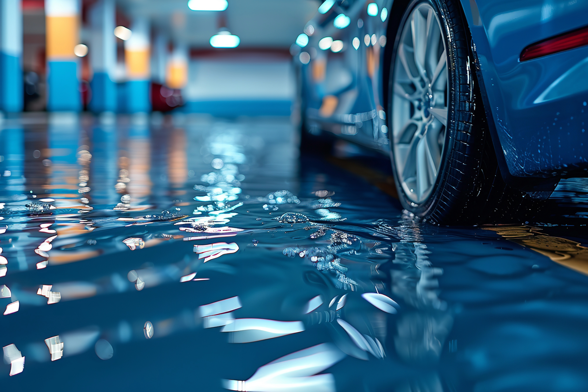 Blue car tire in water-covered parking garage, reflecting surroundings.