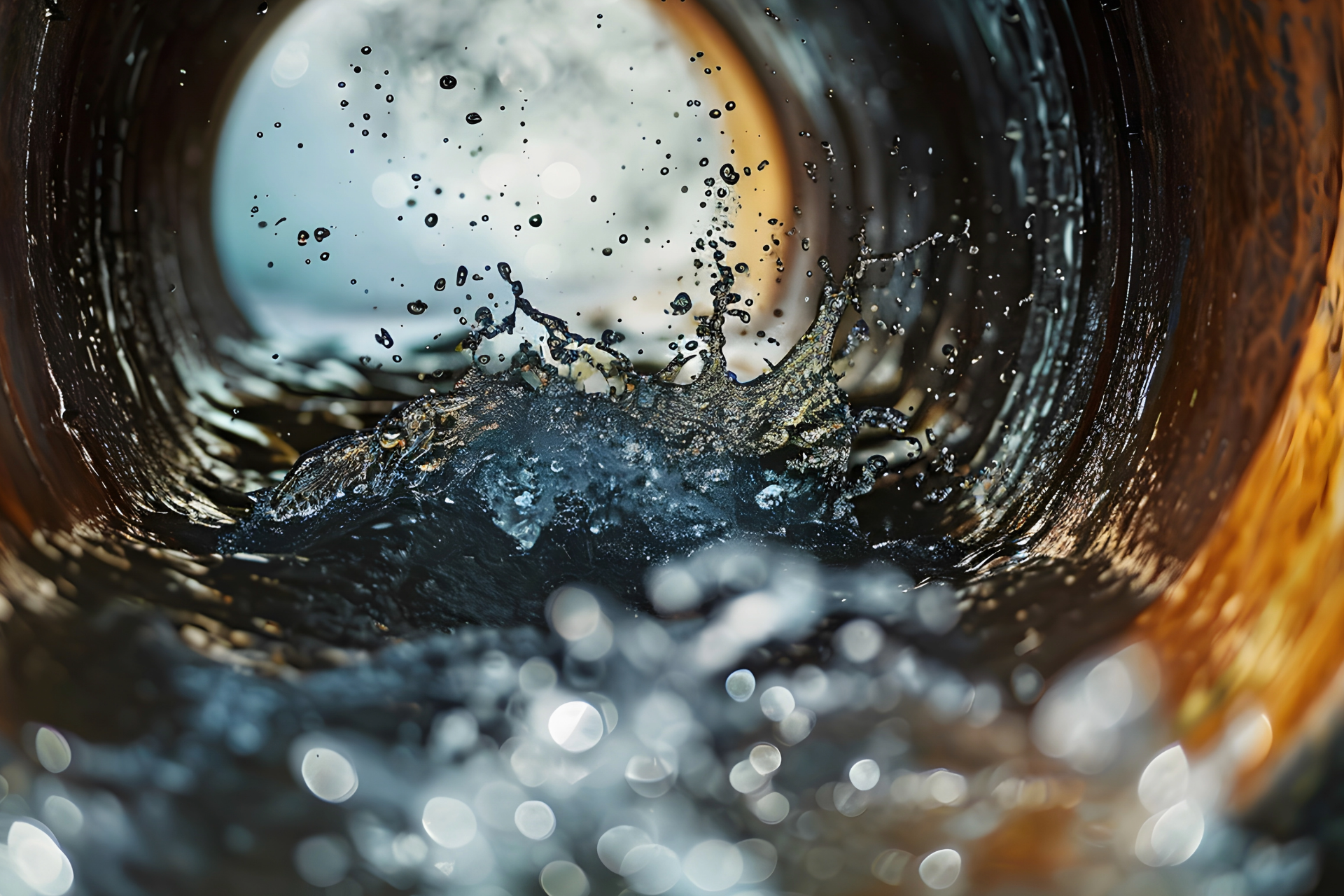 Water splashing inside a dark brown pipe, with light at the end of the tunnel.