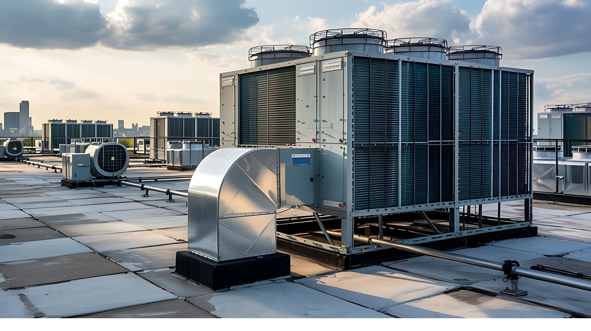 Rooftop HVAC units against a cloudy sky, with ductwork and city buildings in the background.
