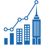 Icon of a graph of buildings and a skyscraper with a line going up.