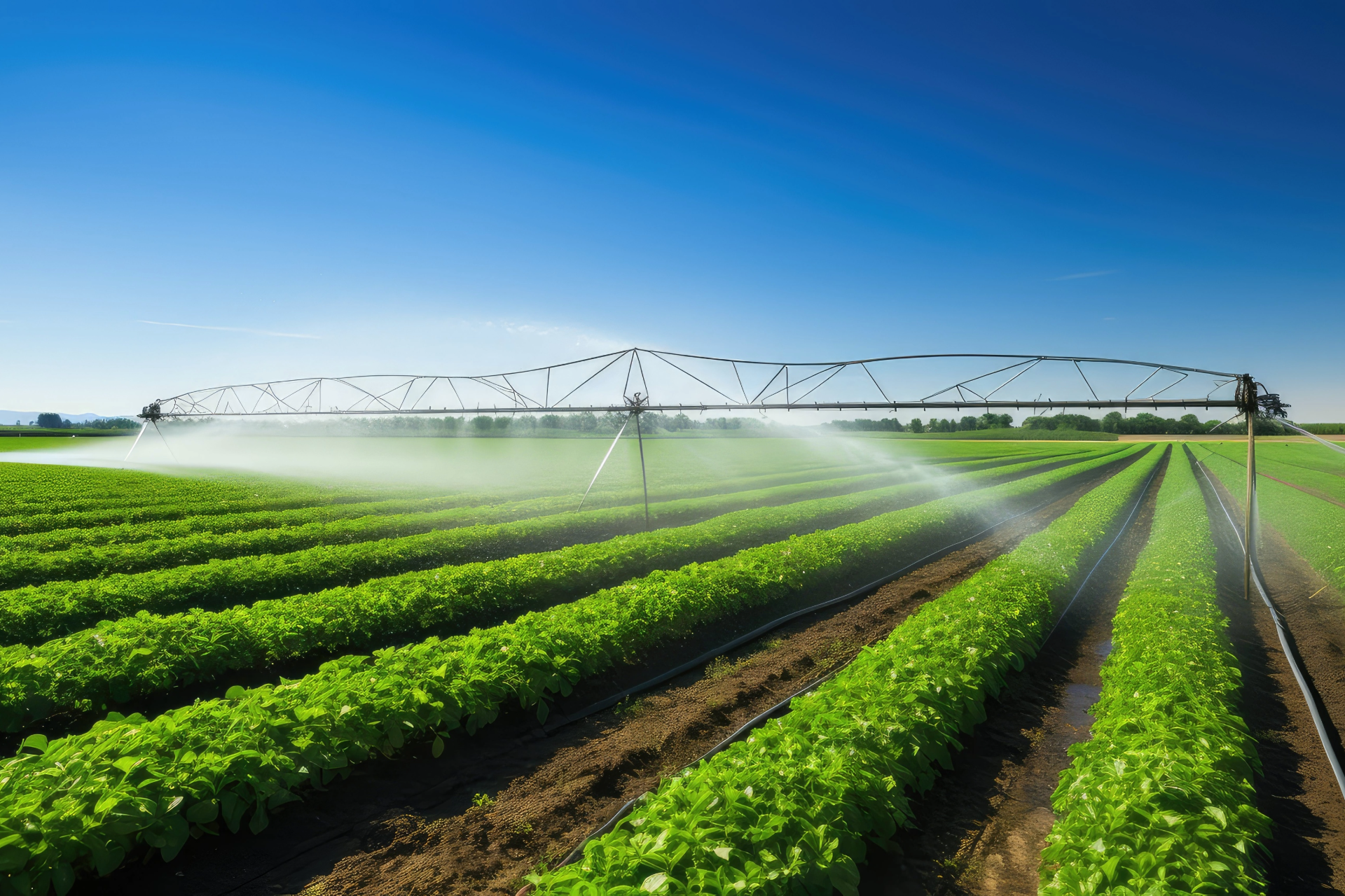 Irrigated green crop rows in a field under a clear blue sky