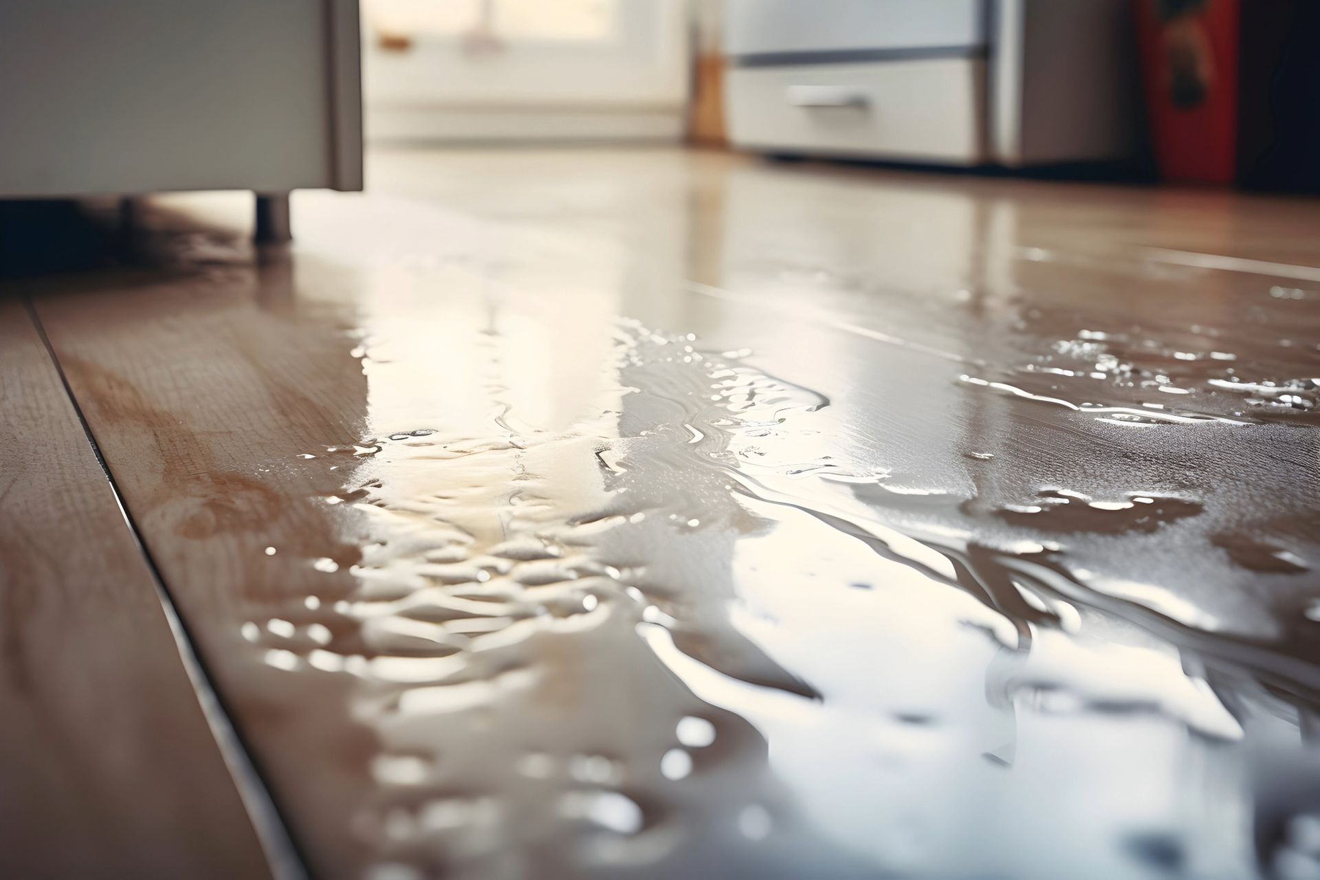 Water pooled on a wooden floor, near a white cabinet, indicating a leak.