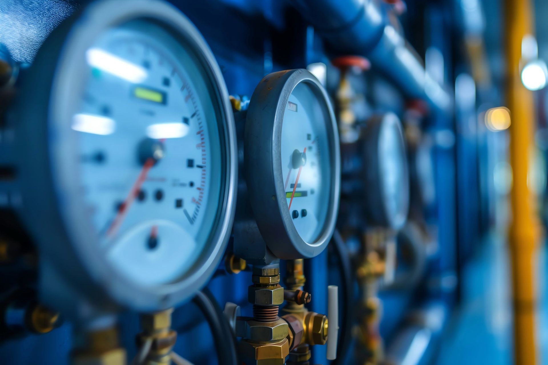 Close-up of pressure gauges in a factory setting, with blue and brass tones.