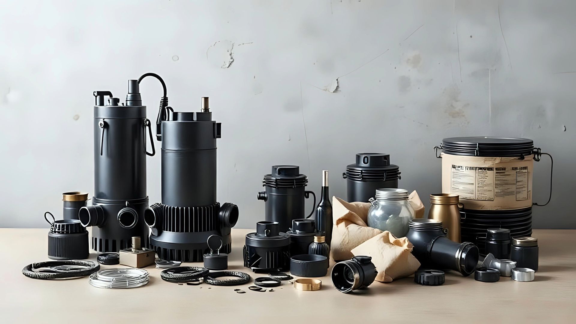 Black submersible pumps and pump components arranged on a light surface against a gray background.